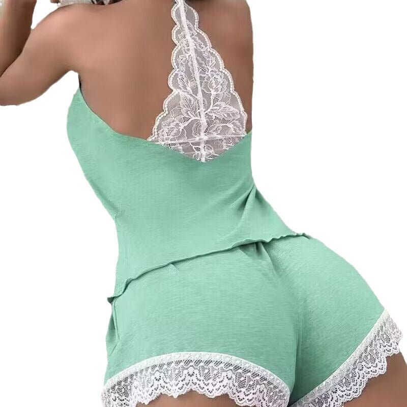 Women's Two-Piece Camisole Sleep Set with Lace Back Detail and Scalloped Trim Shorts
