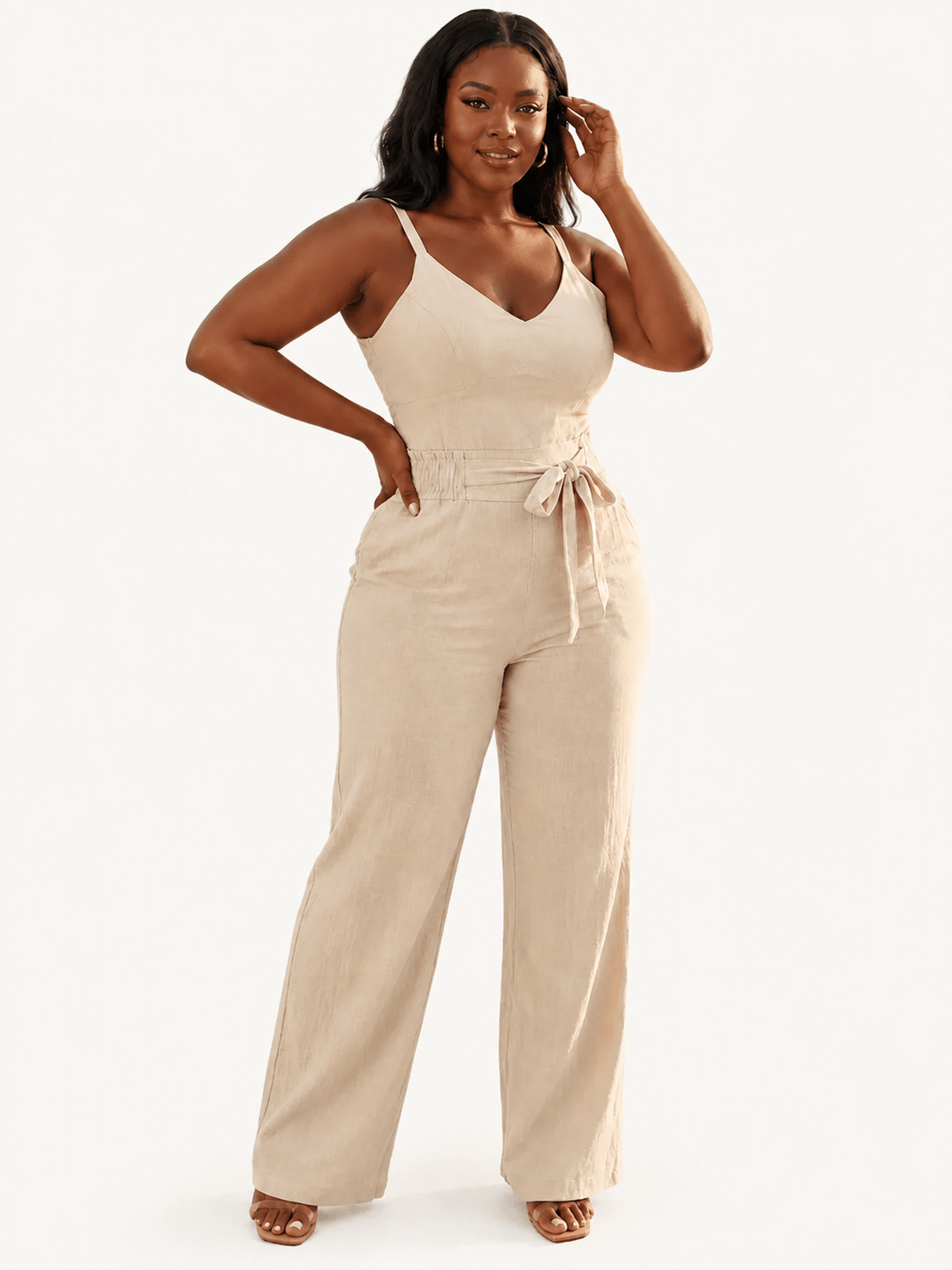 Women's Spaghetti Strap Wide Leg Jumpsuit with Tie Waist