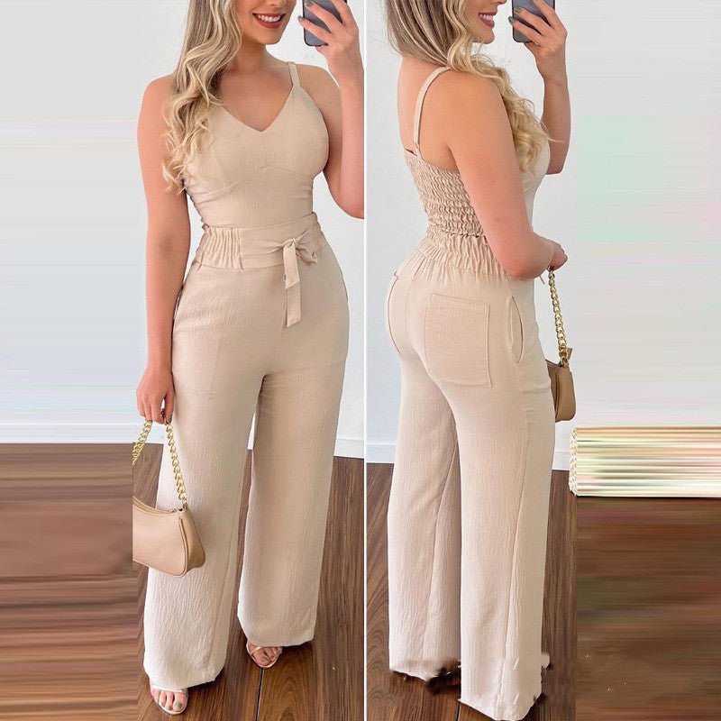 Women's Spaghetti Strap Wide Leg Jumpsuit with Tie Waist