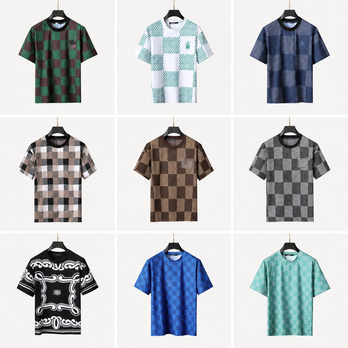 Checkerboard Crew Neck Short Sleeve T Shirt