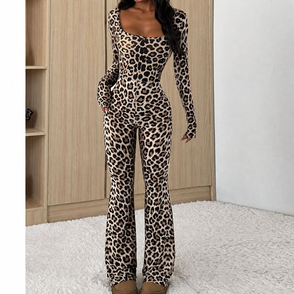 Women's Animal Print Square Neck Long Sleeve Wide Leg Jumpsuit