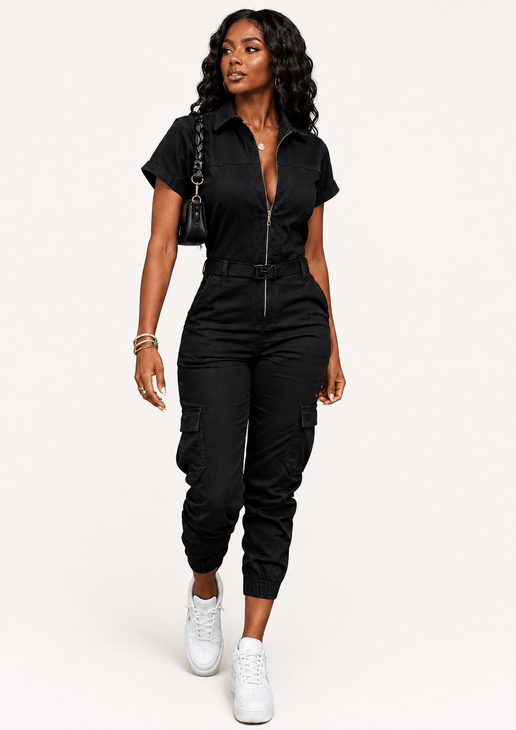 Women's Short Sleeve Utility Jumpsuit with Zip Front and Cargo Pockets