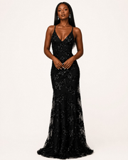 Women's V Neck Backless Sequin Mermaid Maxi Dress with Spaghetti Straps