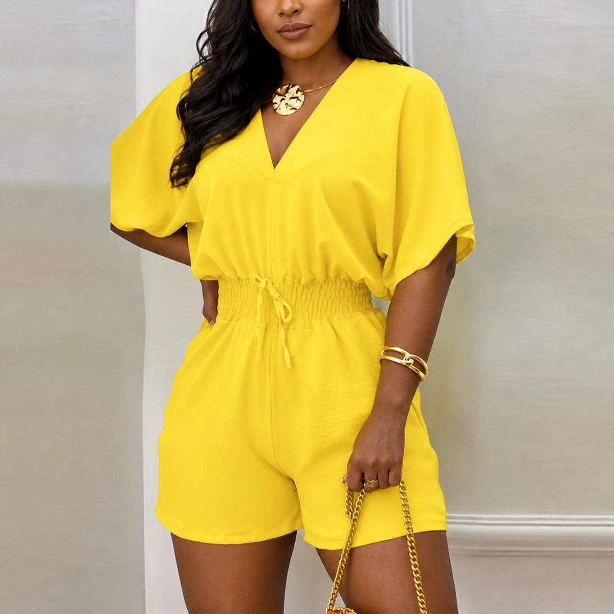 Women's V Neck Short Sleeve Romper with Smocked Drawstring Waist