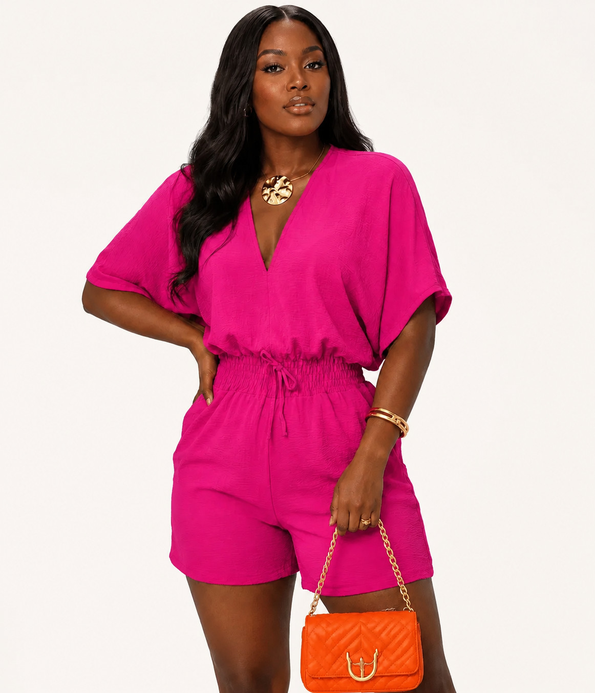 Women's V Neck Short Sleeve Romper with Smocked Drawstring Waist