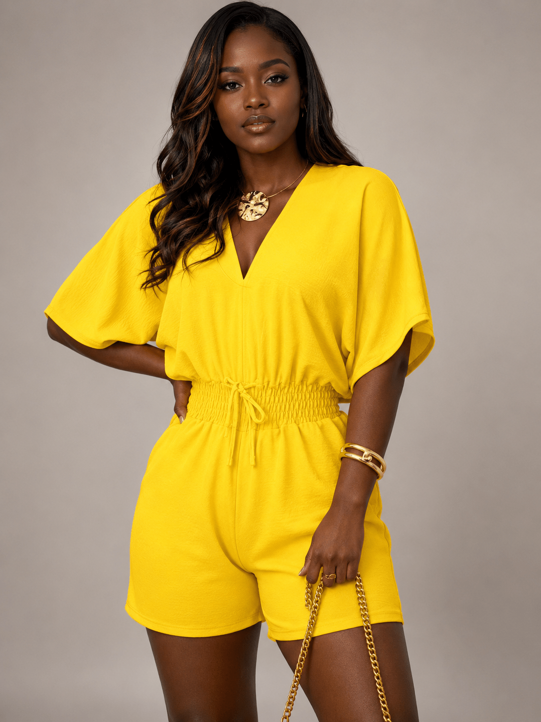 Women's V Neck Short Sleeve Romper with Smocked Drawstring Waist