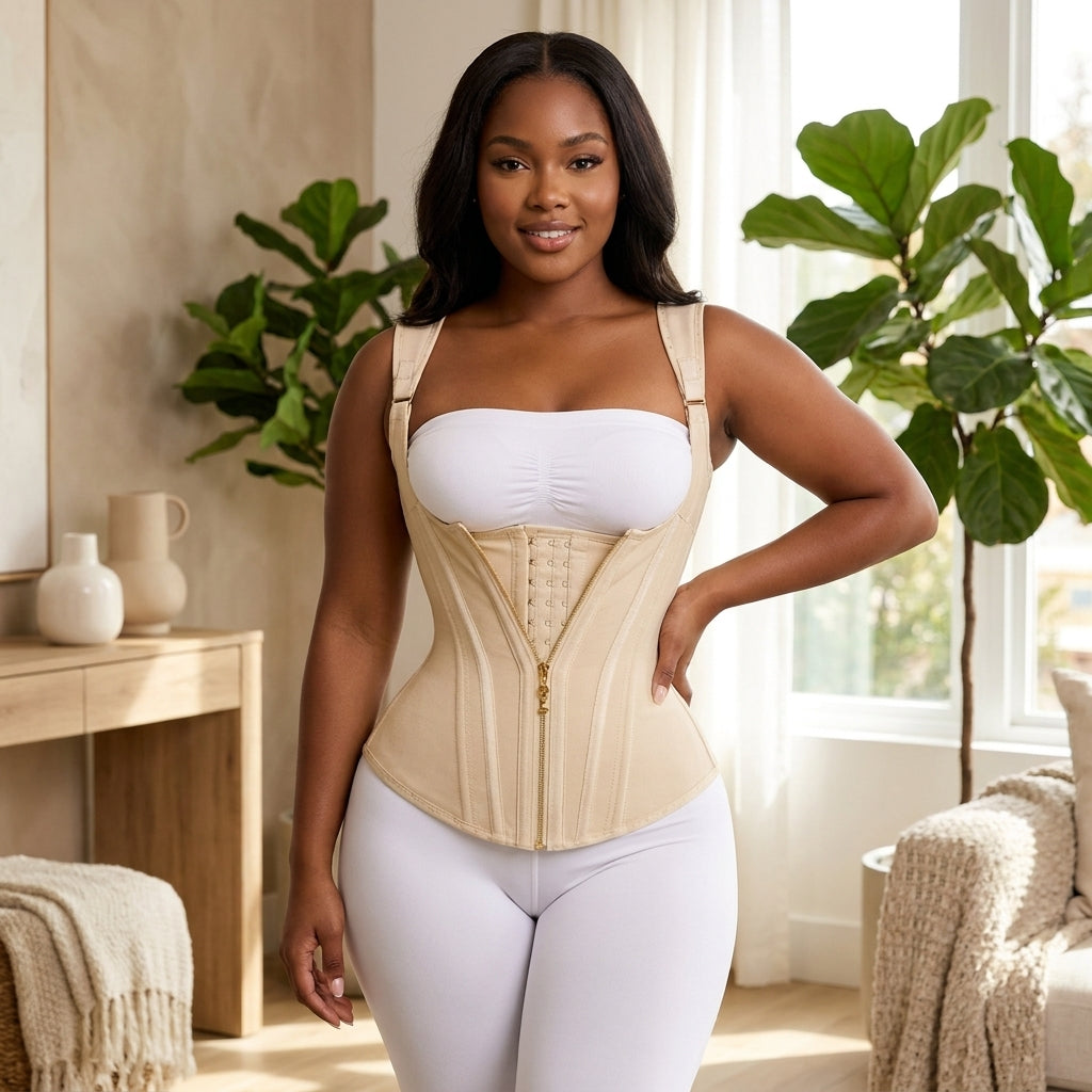 Close-up of midsection highlighting waist trainer's material, stitching, and contouring on model's body in upscale fashion setting.