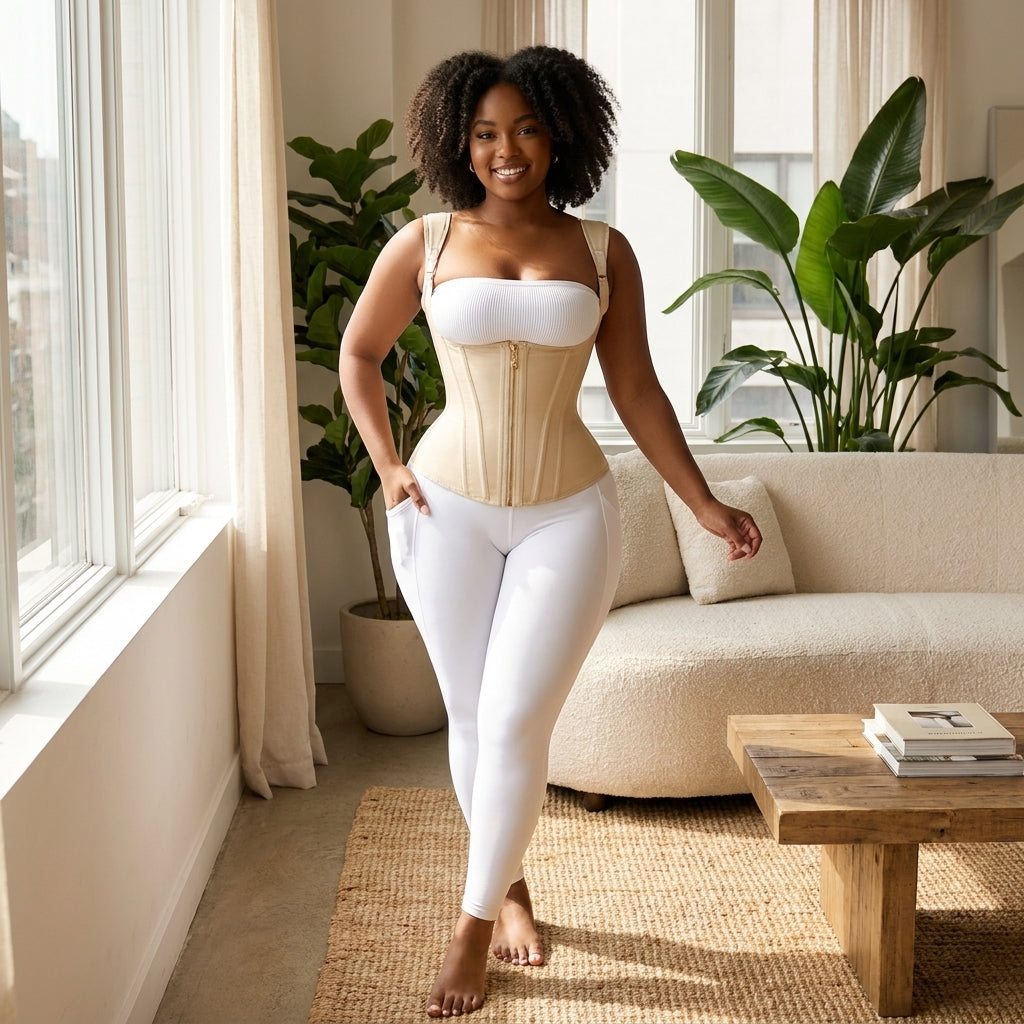 Full-body shot of model in minimalist indoor space wearing waist trainer, showcasing fit, support, and warm indoor ambiance.