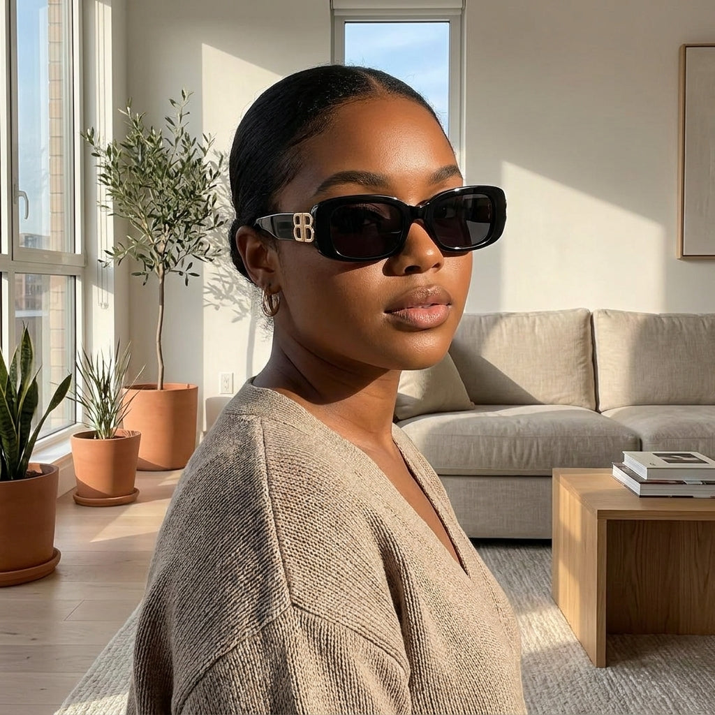 Medium shot of woman wearing green fade sunglasses in a bright, stylish apartment with soft natural evening light.