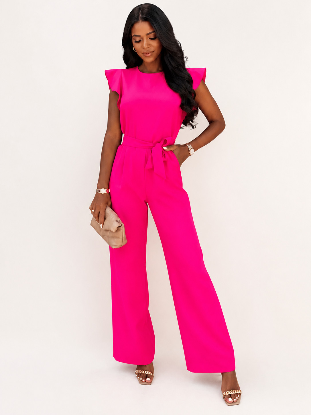 Women's Ruffle Sleeve Wide Leg Tie Waist Jumpsuit
