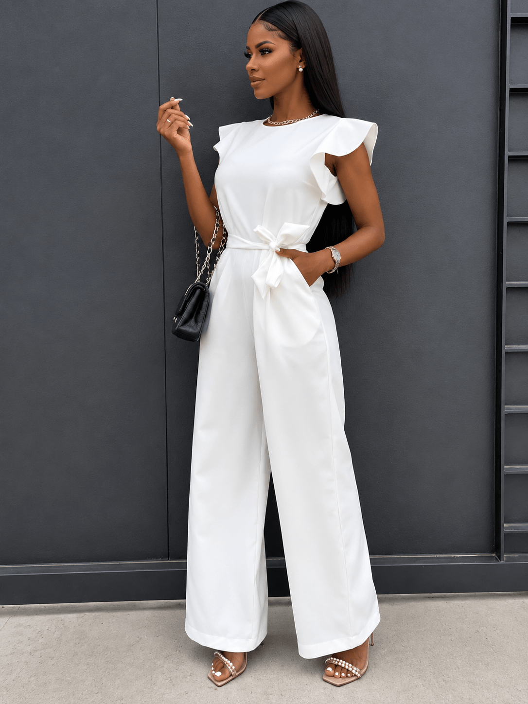 Women's Ruffle Sleeve Wide Leg Tie Waist Jumpsuit