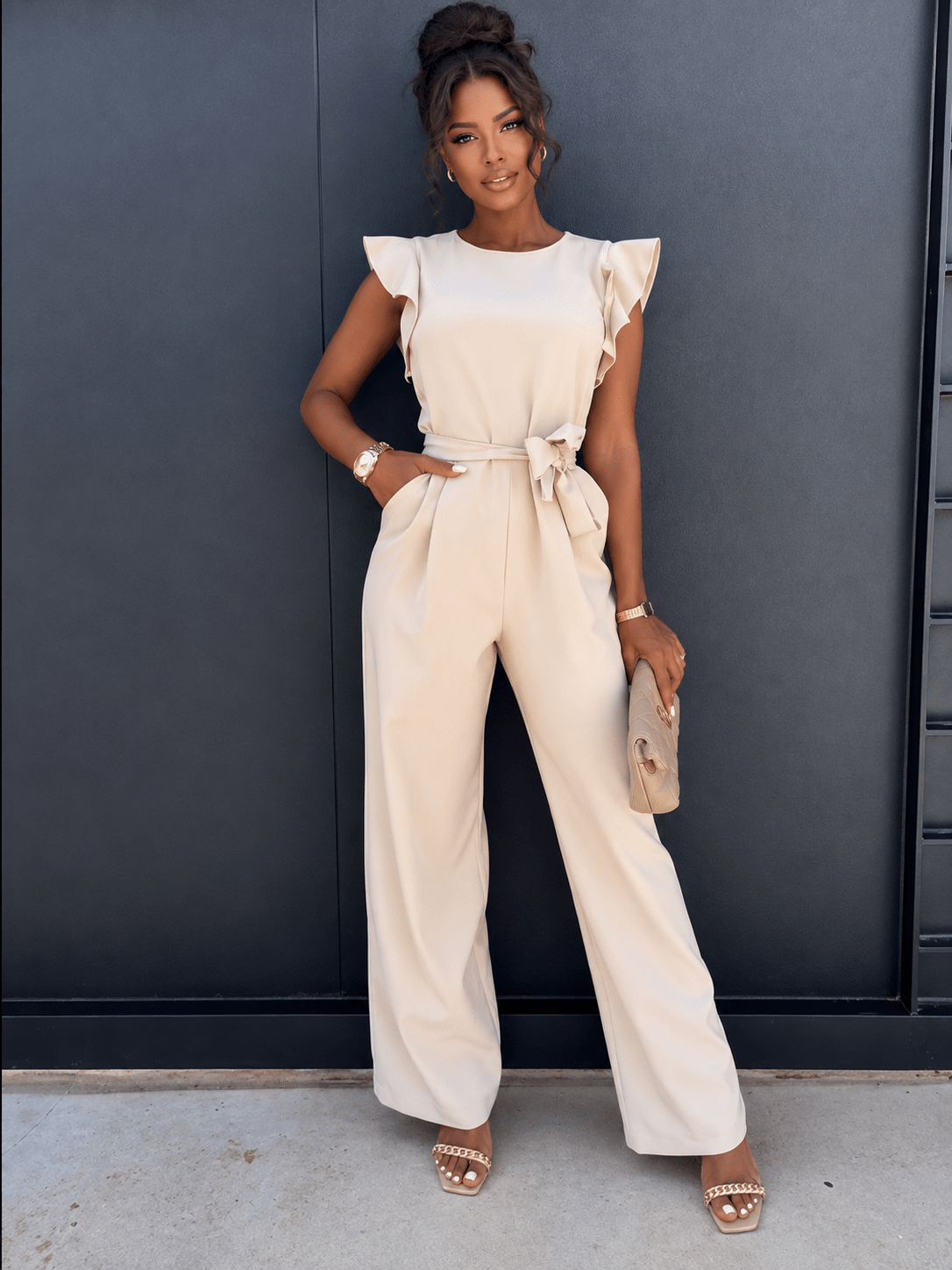 Women's Ruffle Sleeve Wide Leg Tie Waist Jumpsuit