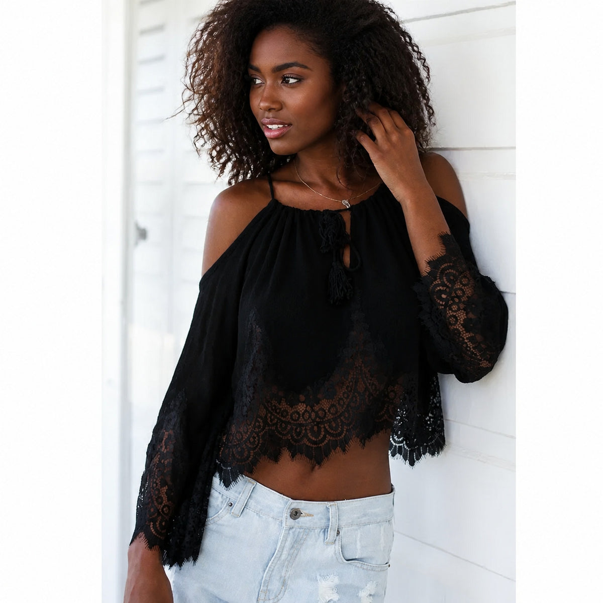 Women's Chiffon Overlay Blouse with Mesh Details and Lace Trim